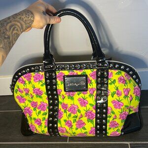 Betseyville Green/Pink Rose & Studded Black Faux Leather Large Zip Tote